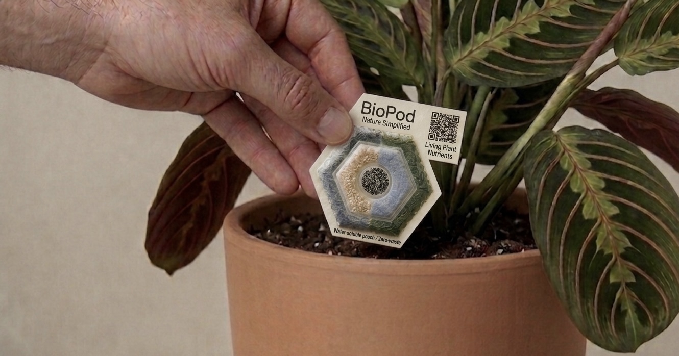 A hand placing a BioPod pod into a potted houseplant