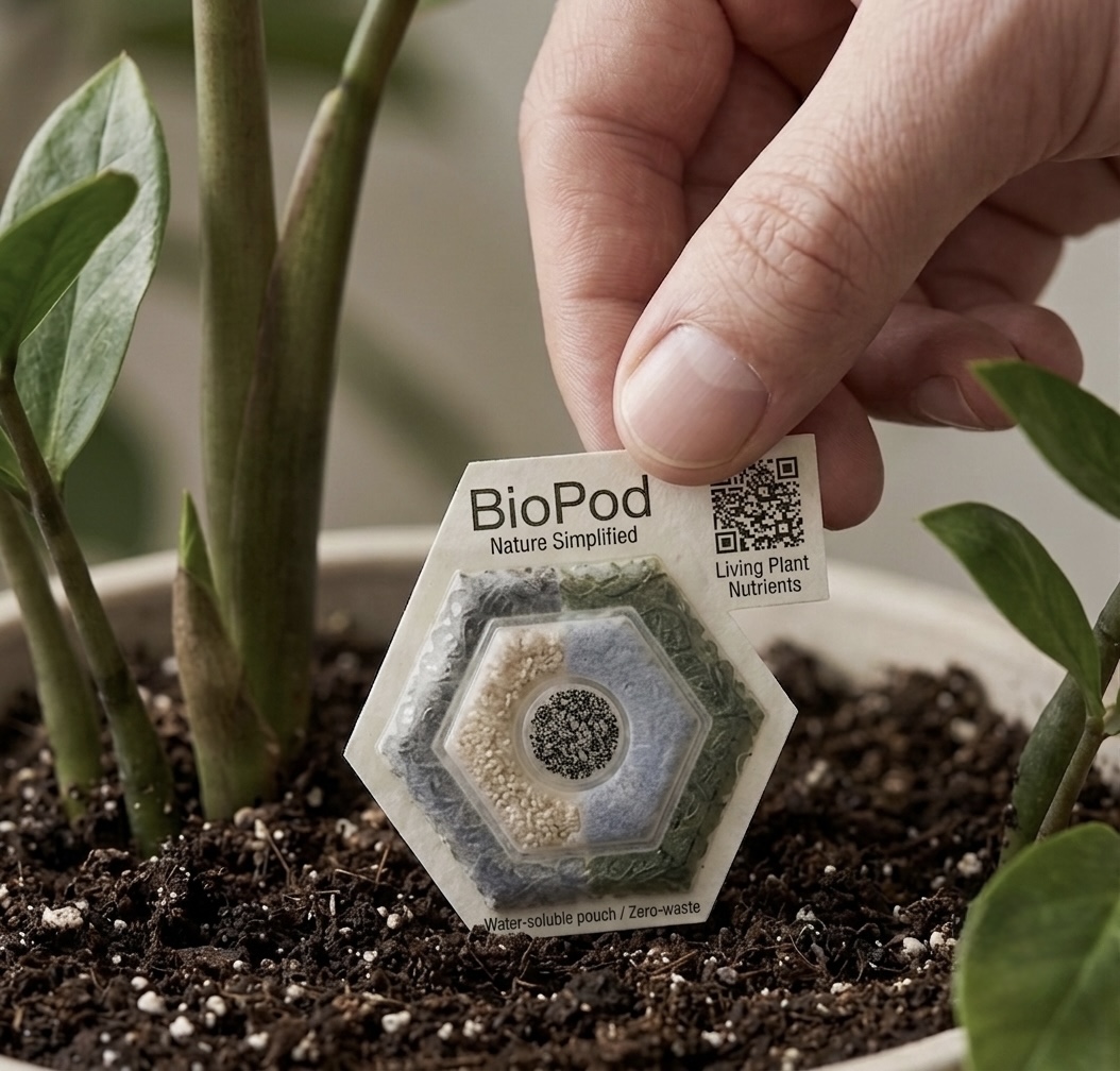 A BioPod pod resting on the soil at the base of a plant