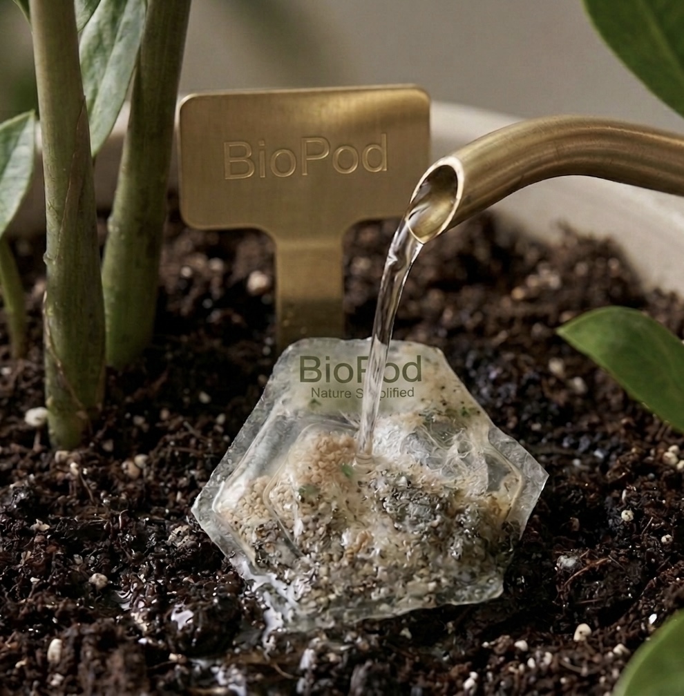 Water poured over a BioPod pod as its shell begins to wet
